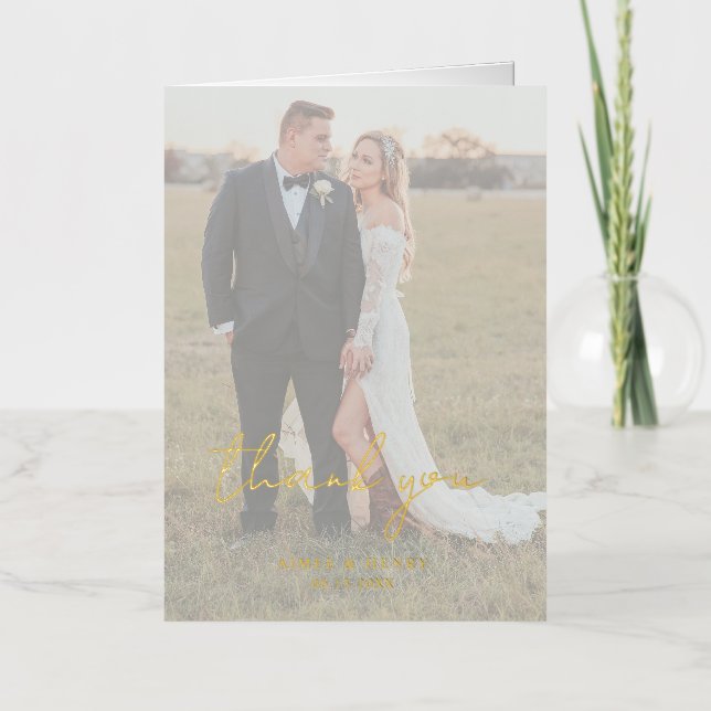 Carte De Vacances Métallisée Script rustique Photo Mariage moderne Merci (Recto)