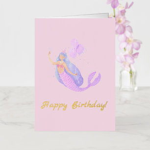 Carte De Vacances Métallisée Simple Sirène Anniversaire rose