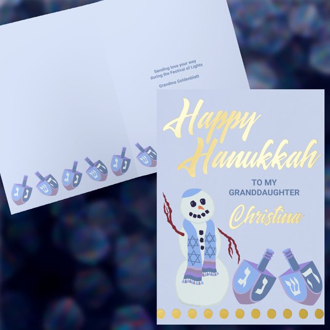 Carte De Vacances Métallisée Snowman Dreidels Blue Childs Nom Hanoukka Gold (Personalize this gold foil accent Hanukkah card for your granddaughter, grandson, niece, nephew etc)