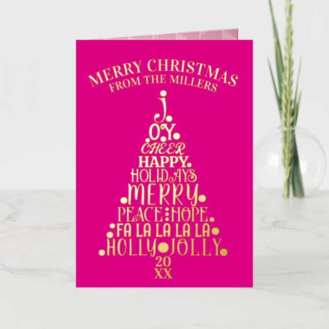 Carte De Vacances Métallisée Trendy Tree Non-Photo Folded Hot Pink Gold (Recto)