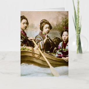 Carte De Vacances Métallisée Trois Geisha dans une rangée de bateau Vintage ver