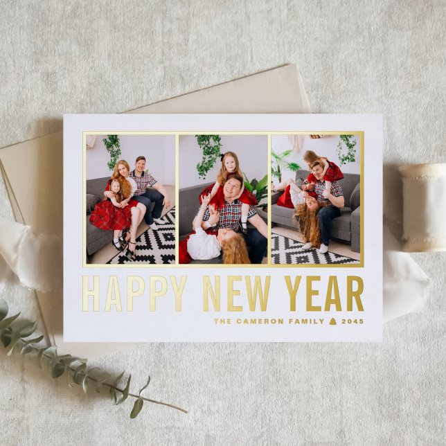 Carte De Vacances Métallisée Typographie moderne Collage photo Bonne année (Send new year cheer with this customizable gold foil three-photo-collage Happy New Year Card. )