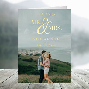 Carte De Vacances Métallisée Typographie moderne Mariage Photo Merci réel