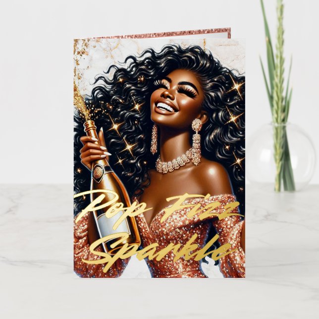 Carte De Vacances Métallisée Une Femme Glamoureuse Pop Champagne Anniversaire (Recto)