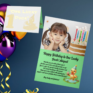 Carte De Vacances Métallisée Une fille photo Lucky Duck 1er anniversaire