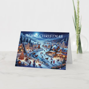 Carte De Vacances Métallisée Village Snowy Scene Peinture Noël