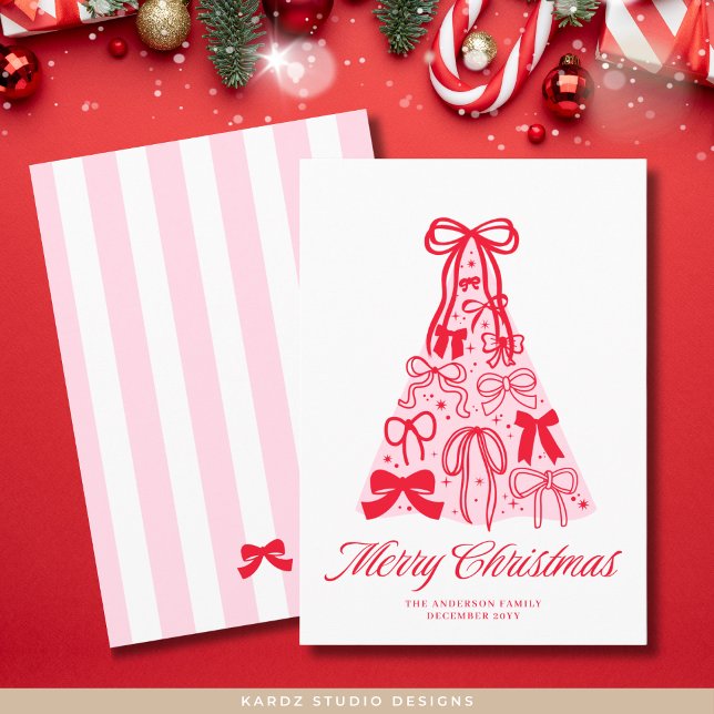 Carte de vacances moderne Joyeux Rose Bow Tree Fla (Holiday card shown in 5 x 7 inches, personalize and choose paper and corner style before checkout.)