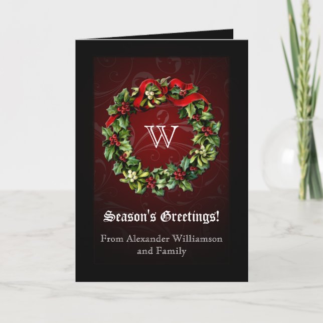 Carte de vacances Monogram Holly Wreath Classy (Devant)