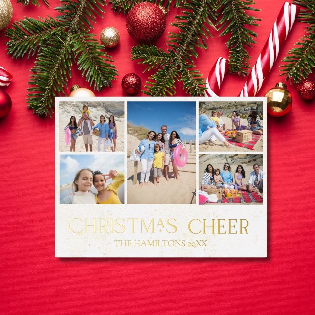 Carte de vacances Noël Cheer Gold Foil 5 Photos (Créateur téléchargé)