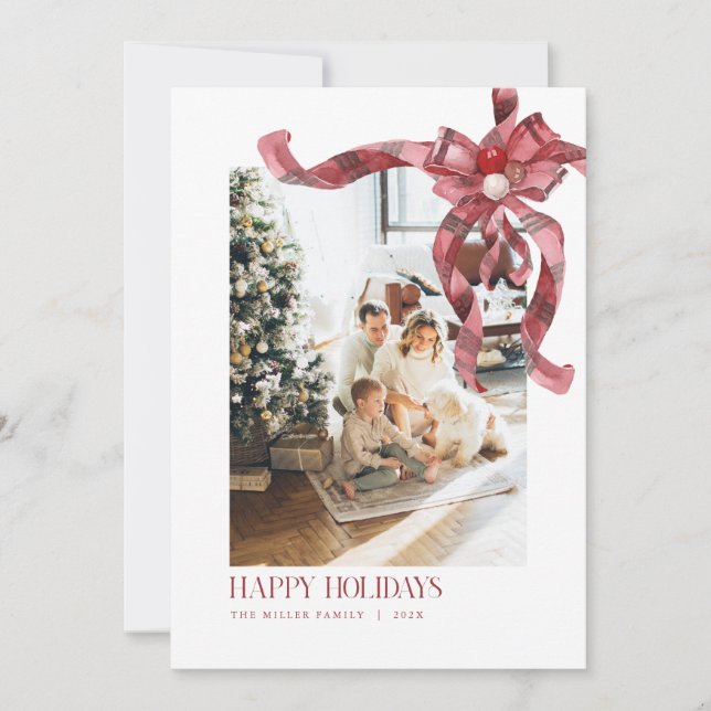 Carte de vacances Noël Plaid Red Bow Family Photo (Devant)