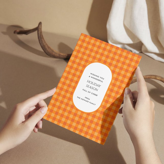 Carte de vacances Orange Buffalo Plaid Typographie (Créateur téléchargé)