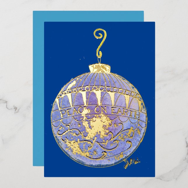 Carte de vacances - Ornement d'arbre bleu et or (Recto/Verso)
