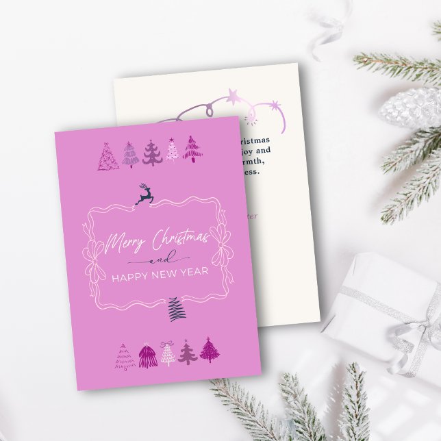 Carte de vacances pastel lavande à motif d'arc et  (Festive Bow & Chic Trees Doodle Pastel Lavander Holiday Card)