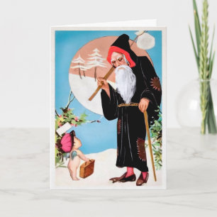 Carte de vacances Père Noël vintage à Robin noir