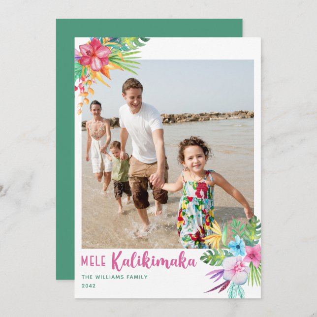 Carte de vacances photo de Mele Kalikimaka à fleur (Devant / Derrière)
