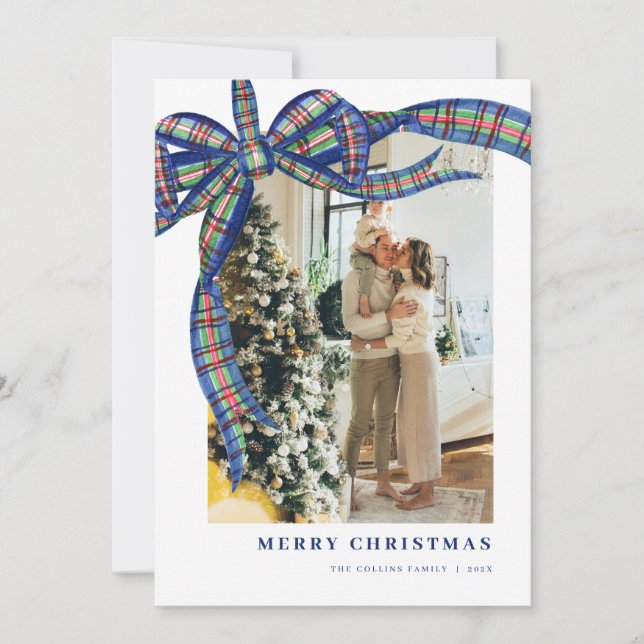 Carte de vacances photo de Noël Blue Green Plaid B (Devant)