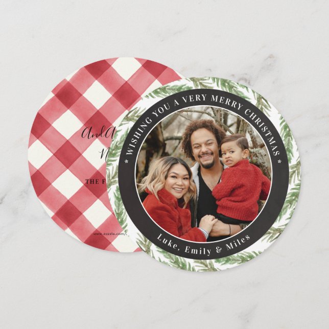 Carte de vacances photo ronde avec verdure festive (Devant / Derrière)