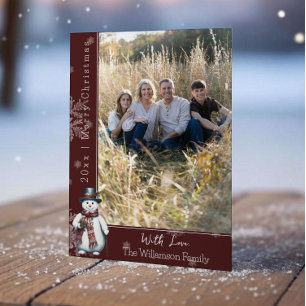 Carte de vacances photo Snowman au sourire rouge