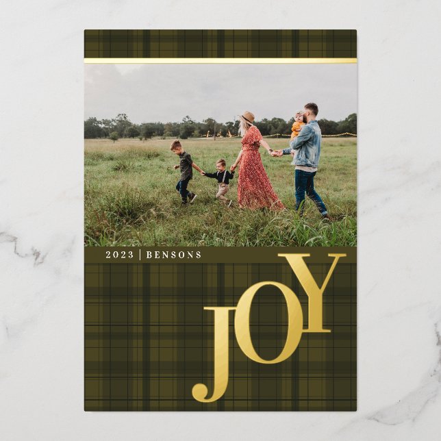 Carte de vacances Plaid JOY Armée Green Real Foil (Recto)