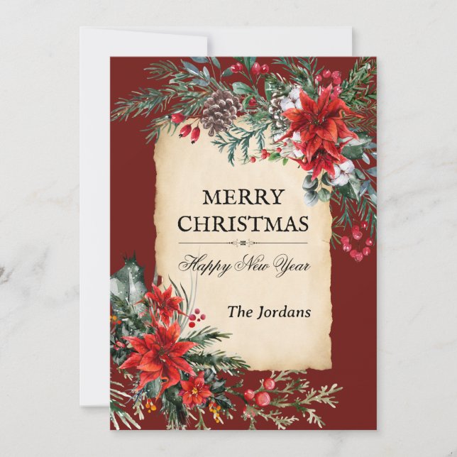 Carte de vacances plate à florale de Noël classiqu (Devant)