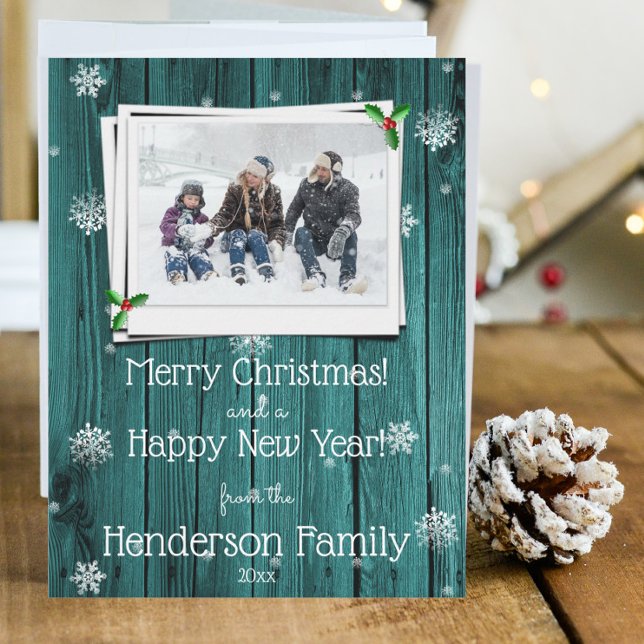 Carte de vacances plate en bois rustique sarcelle (Teal Rustic Wooden Photo Christmas Card)