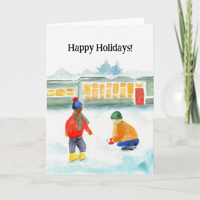 Carte de vacances pliée avec enfants jouant en nei (Devant)