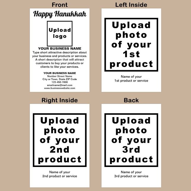 Carte de vacances pliée blanc Hanoukka Business (White folded holiday card for Hanukkah with your business brand and products or services.)