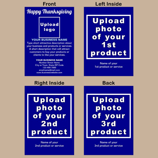 Carte de vacances pliée bleu Thanksgiving Business (Blue folded holiday card for Thanksgiving with your business brand and products or services.)