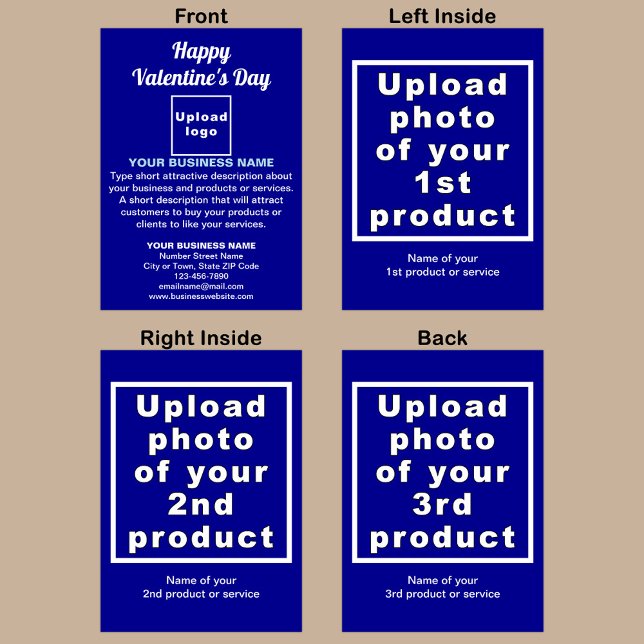 Carte de vacances pliée bleu Valentine Business (Blue folded holiday card for Valentine with your business brand and products or services.)