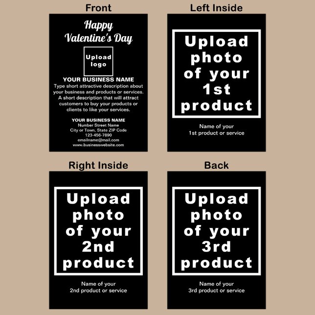 Carte de vacances pliée Noire Valentine Affaires (Black folded holiday card for Valentine with your business brand and products or services.)