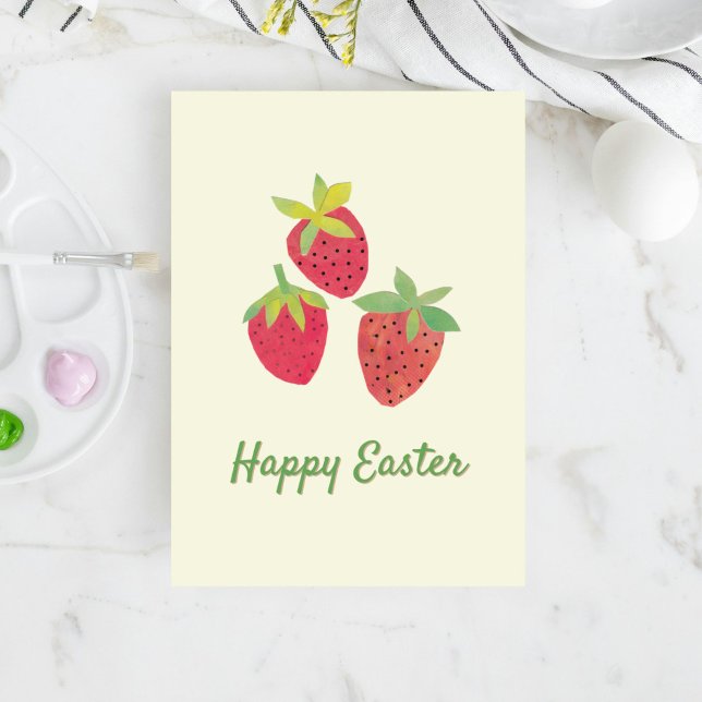 Carte de vacances pliée Retro Spring Strawberry Pâ (Our strawberry Easter card features my vintage-inspired collage art of three red berries.)