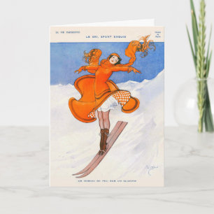 Carte de vacances pour skieuse Vintage des années 