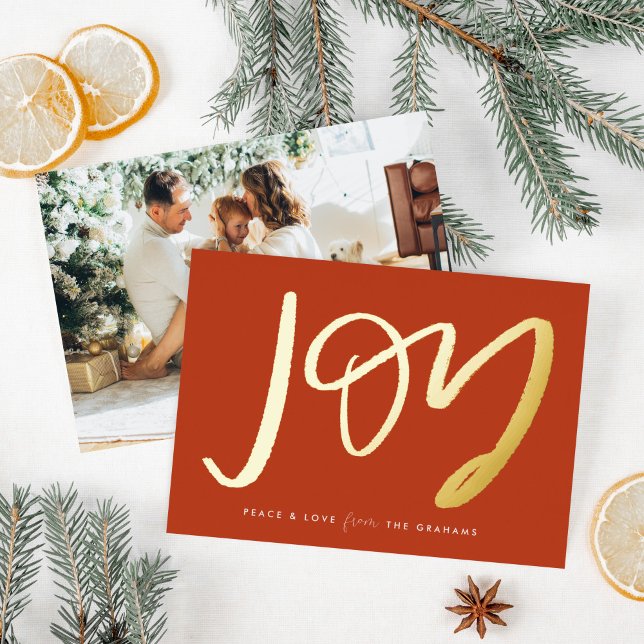 Carte de vacances Red Hand Lettered Joy Photo Gold (Hand-Lettered Joy gold foiled on a festive red holiday card with your photo on the back.)
