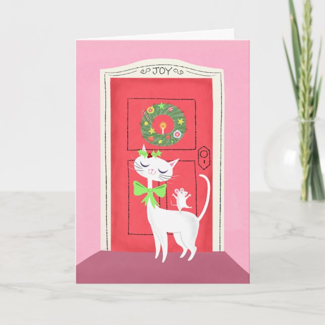Carte de vacances Retro Christmas White Cat and Mo (Devant)