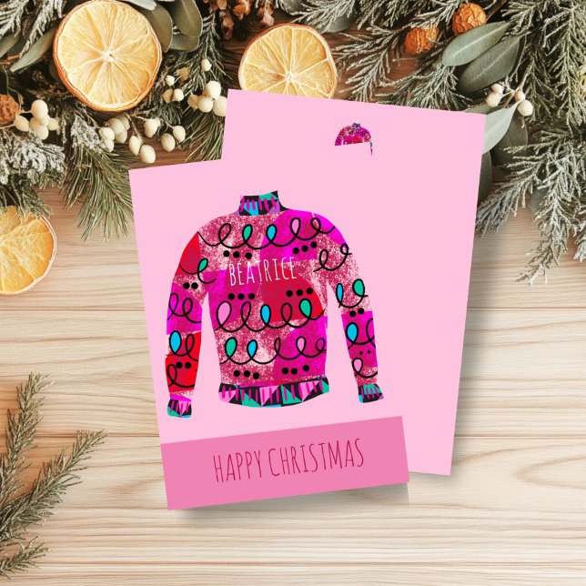 Carte de vacances rose moche de Noël modifiable (Pink Ugly Sweater Christmas Card)
