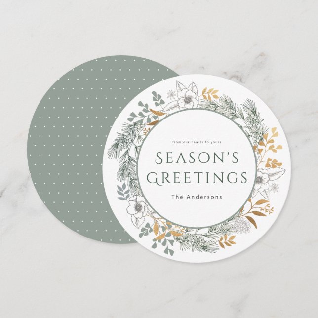 Carte de vacances Sage Gold Wreath Bonnes Fêtes (Devant / Derrière)
