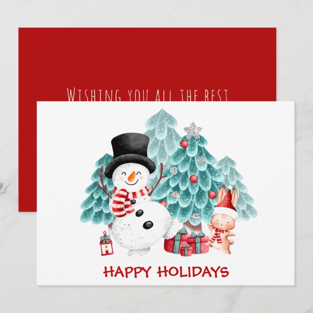 Carte de vacances Snowman, Bunny et sapin de Noël (Devant / Derrière)