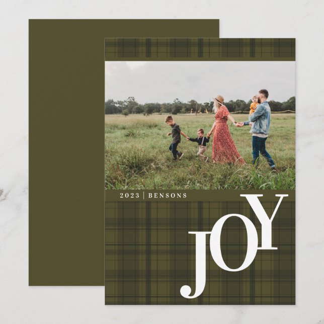Carte de vacances verte à motif écossais JOY (Devant / Derrière)