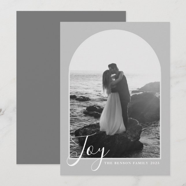 Carte de vacances verticale Arch Script Joy Gray (Devant / Derrière)