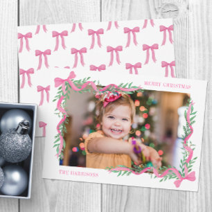 Carte de vacances Watercolor Pink Bow Garland