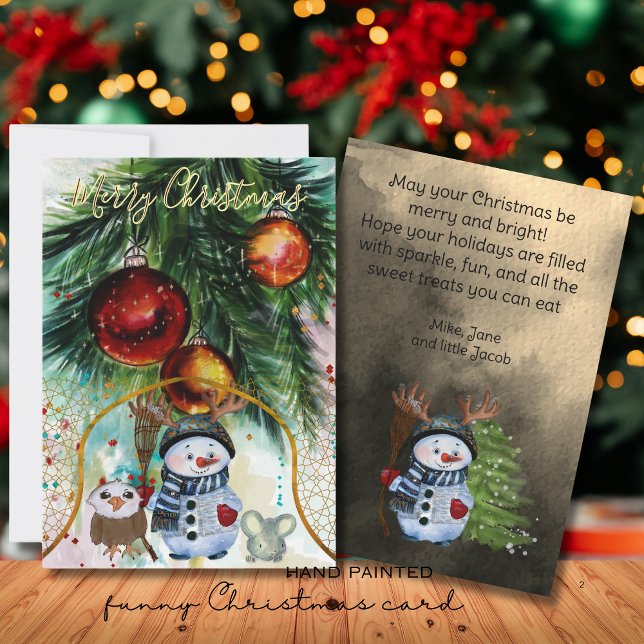 Carte de vacances Whimsman Snowman & Forest Friend (Whimsical Snowman & Forest Friends Holiday Card)