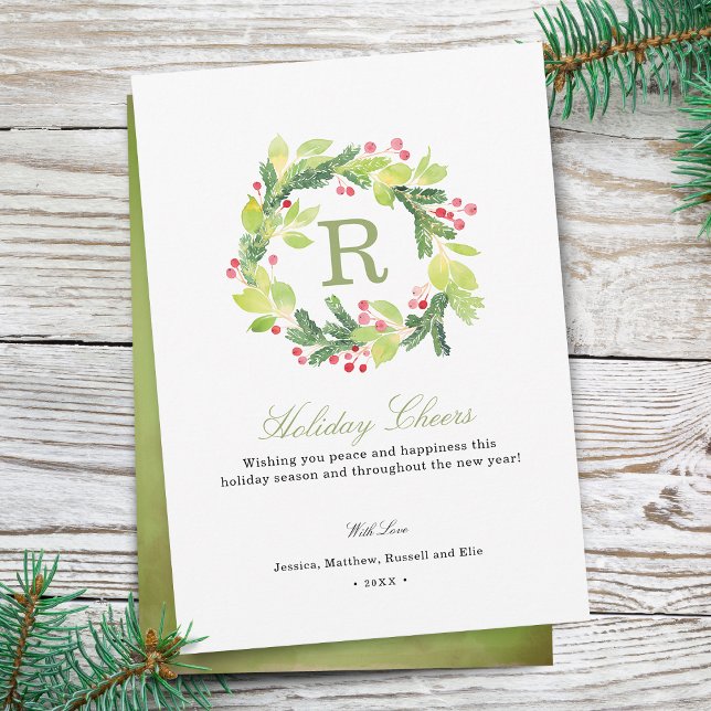 Carte de vacances Wreath Monogram (Holiday Cheers Wreath Monogram Holiday Card)