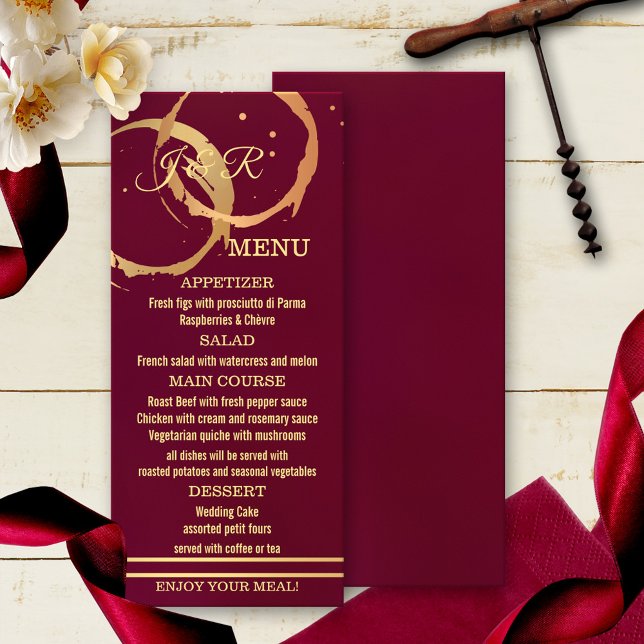 Carte de vin Gold Marsala Bourgogne (Elegant modern menu card featuring a burgundy marsala design with gold printed wine stains.)