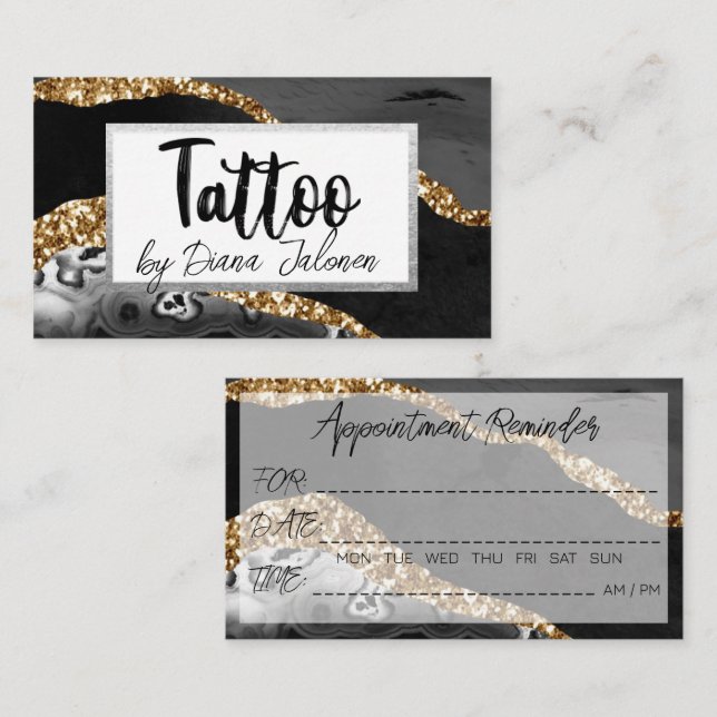 Carte De Visite 100 Tatouage Artiste Rendez-Vous Rappel Black Gold (Devant / Derrière)