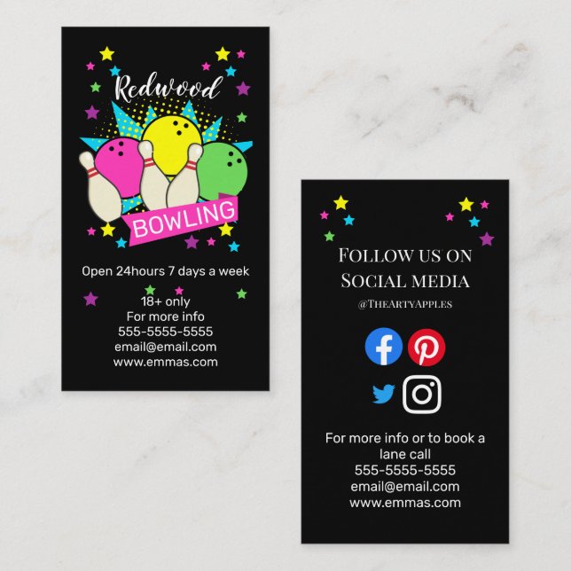 Carte De Visite 10 broches bowling rétro neon bowling alley (Devant / Derrière)