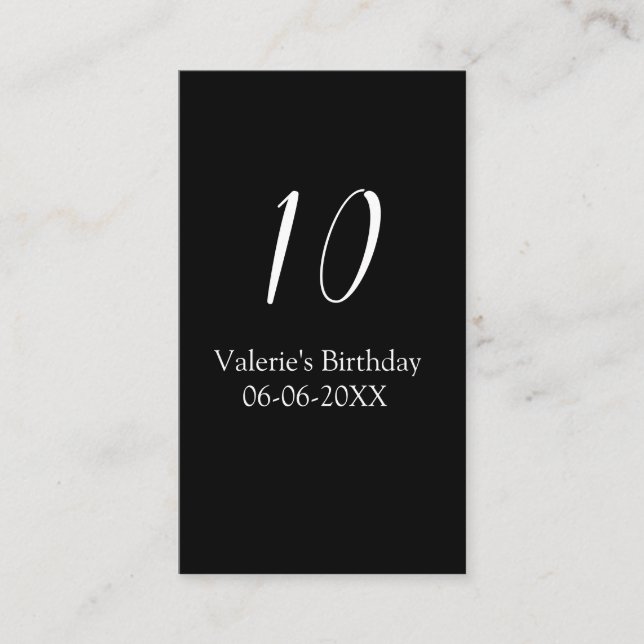 Carte De Visite 10th birthday white black name date calligraphy  (Devant)