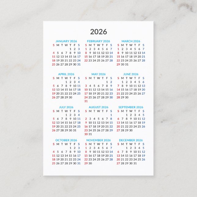 Carte De Visite 2026 Calendar Card: Sunday Start (Dos)