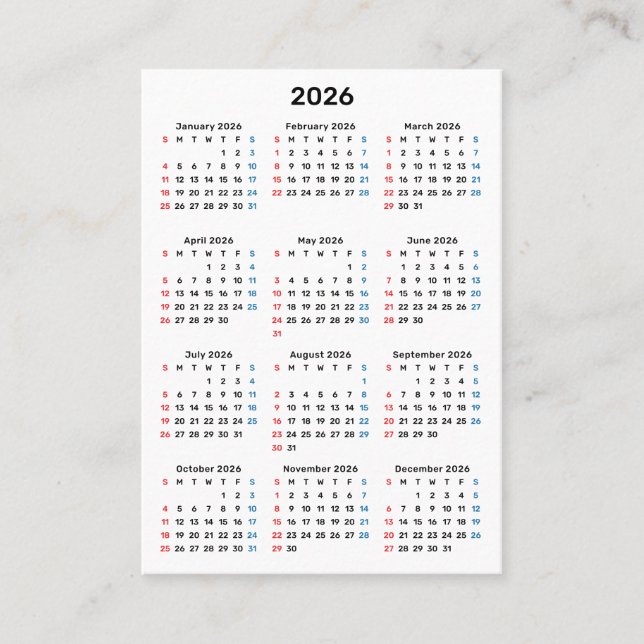 Carte De Visite 2026 Sunday Calendar Thank You Purchase (Devant)