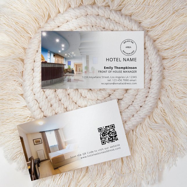 Carte De Visite 2 Photo Overlay Logo QR Code Hotel Guest House (Créateur téléchargé)
