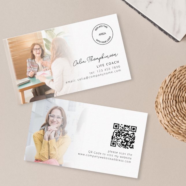 Carte De Visite 2 Photos Logo QR Code Life Coach (Front and back view)